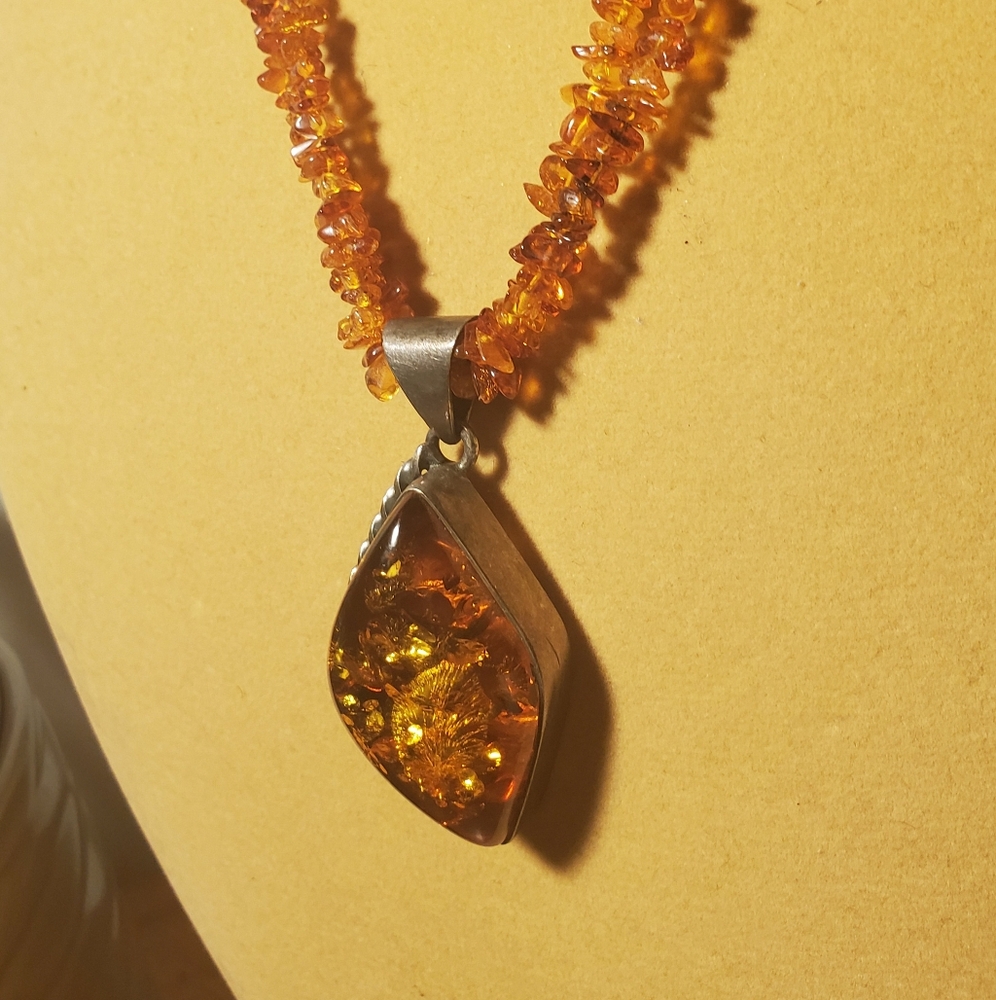 Genuine Amber Bead  Necklace Large Sterling Silver Pendant